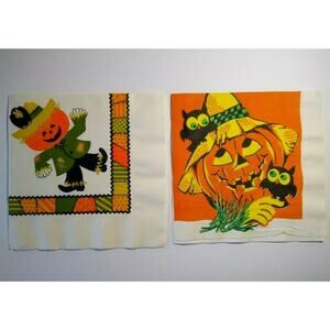 Halloween Vintage Crepe Paper Napkins Scarecrows Owl Crow Pumpkin Head Lot Of 2